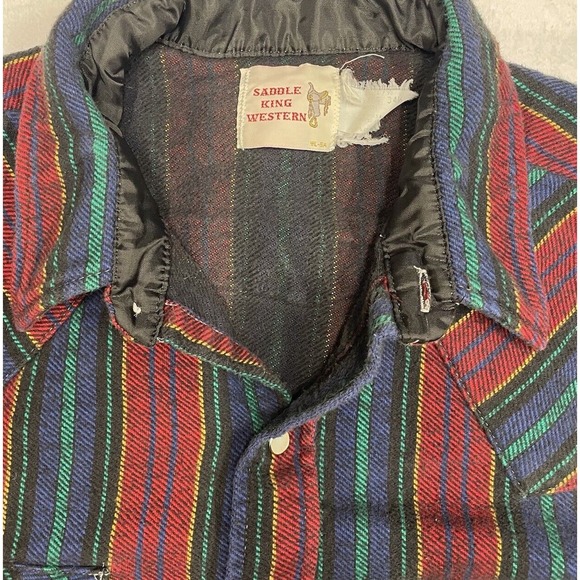 Vintage Saddle King Western Flannel Men's XL Pearl Snap Stripes Work Shirt - Picture 5 of 6